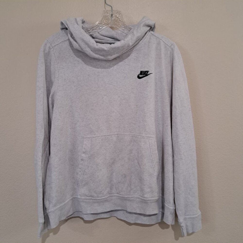 NIKE LARGE HOODED SWEAT SHIRT HOODIE HEATHERED GREY LONG SLEEVE LOGO ON CHEST